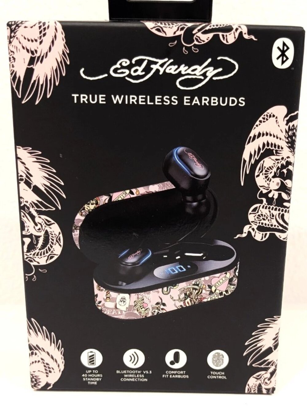 Ed Hardy True Wireless Earbuds Bluetooth v5.3 Tattoo Design Charging Case NIB